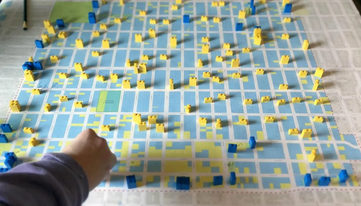 The Irvington base map covered in yellow and blue Lego pieces, a hand placing one